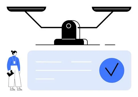 Person analyzing balance scale with verification checkmark for accuracy ass.. Stock Illustration