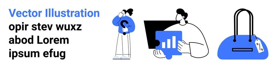 Person analyzing data and holding report, another person thinking or communic Illustrazione stock