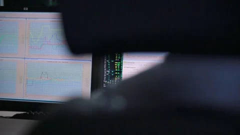 Person Analyzing Data Graphs on Multiple Computer Screens in Office Environment Stock Footage 334054088