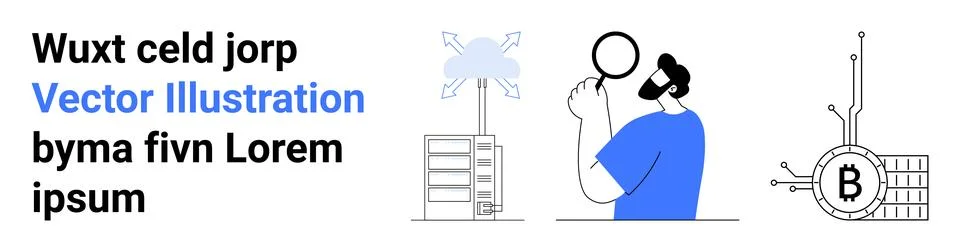 Person Analyzing Data Near Server with Drone and Bitcoin Symbol in Modern T.. 스톡 일러스트