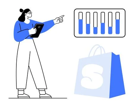Person Analyzing Data on Tablet and Shopping Bag with Sales Chart Stock Illustration