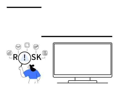 Person Analyzing Risk Elements with Magnifying Glass Next to Computer Monitor Illustrazione stock