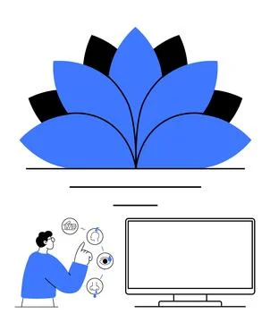 Person Analyzing Sensory Icons Next to a Blue Lotus Flower and a Large Moni.. Illustrazione stock