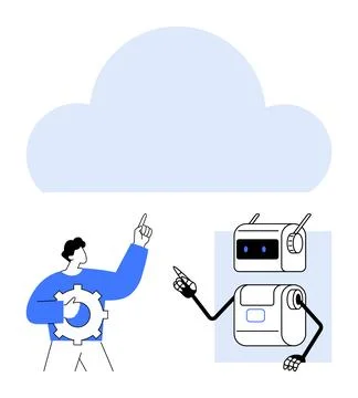 Person and Robot Collaborating Under a Cloud Symbolizing AI and Cloud Computi Illustrazione stock