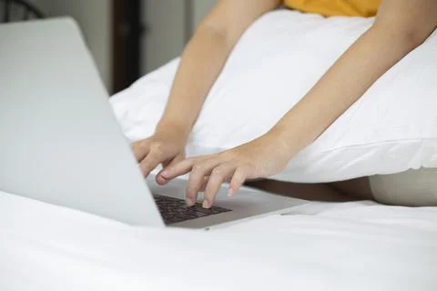 Person are using laptops, working or studying online at home. businessman usi Stock Photos
