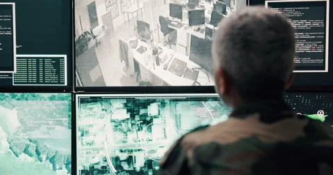 Person, army and computer screen for security safety, military air control and Stock Footage 303615451