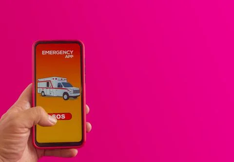Person asking for help with smartphone through emergency application. SOS button Photos