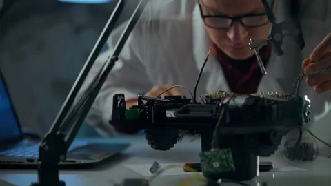 Person assembling a robot model using tools and electronic components in a w Stock Footage 295890571