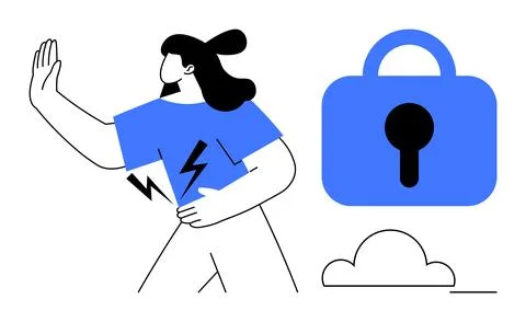 Person Assuring Data Safety with Secure Lock and Cloud Storage Concept Illustrazione stock
