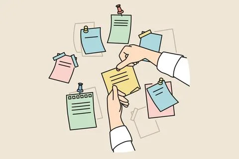 Person attach sticky notes to board Illustrazione stock