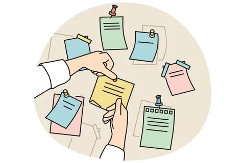 Person attach sticky notes to board イラスト素材