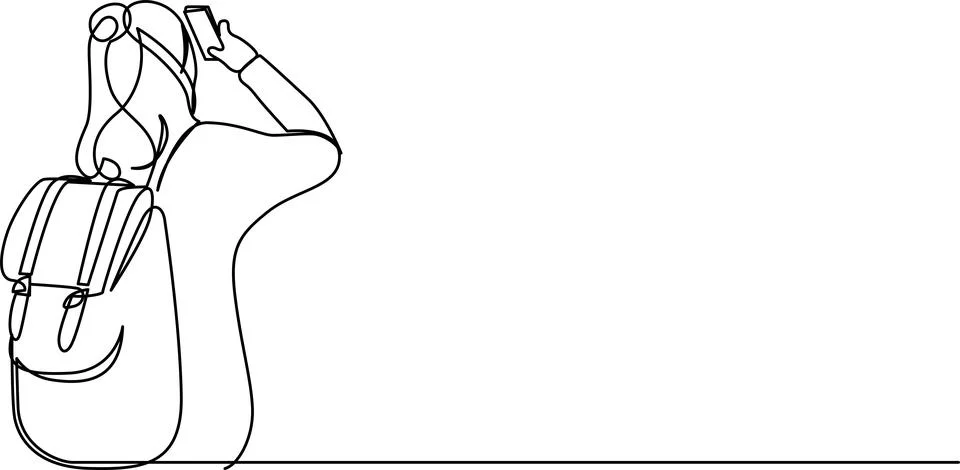 A person with a backpack and a hat standing on a cliff overlooking a vast l.. Stock Illustration