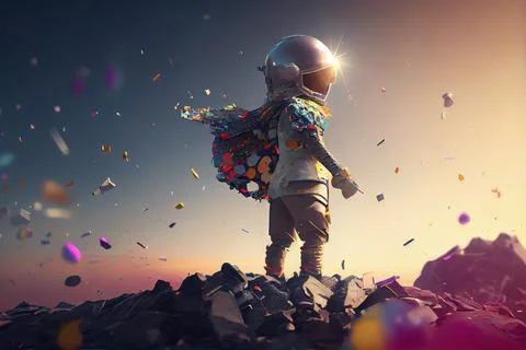 A person with a backpack on a mountain with confetti falling from the sky a.. Illustrazione stock