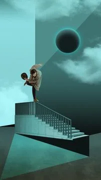 Person balancing on staircase railing under an eclipse, abstract geometric Stock Illustration