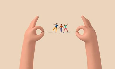 Person balancing on a tightrope held between two hands. 3D Rendering 스톡 일러스트