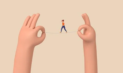 Person balancing on a tightrope held between two hands. 3D Rendering Stock Illustration