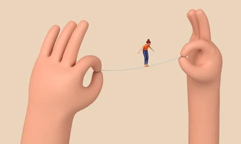 Person balancing on a tightrope held between two hands. 3D Rendering Stock Illustration