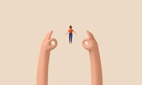 Person balancing on a tightrope held between two hands. 3D Rendering Stock Illustration