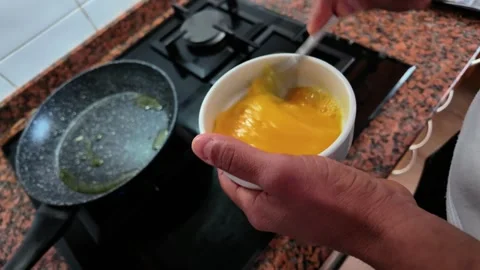 Person Beating Eggs With A Fork In A Bowl with ham. High Angle Shot Vídeos de archivo 332391404