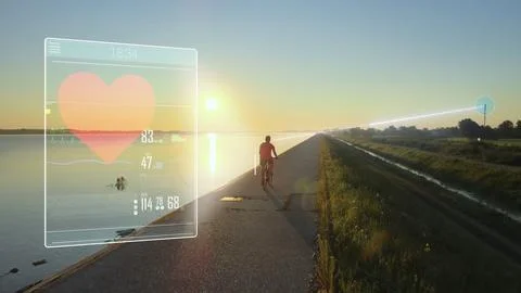 Person biking, smart device uploading infographic data to a tower. 3D Graphic. Stock Photos