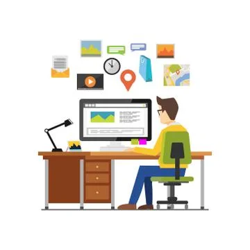 Person blogging on computer. Internet multimedia contents concept. Stock Illustration
