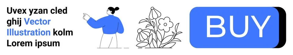 Person in blue jacket with pointer, flower graphic, large blue BUY button, an Stockillustratie