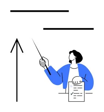 Person in Blue Jacket Presenting Data with Pointer and Chart on White Backg.. Illustrazione stock
