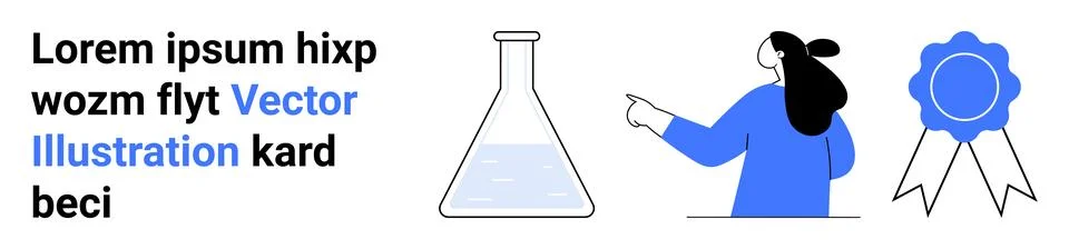 Person in blue pointing at text, lab flask with liquid, and blue award ribbon Illustrazione stock