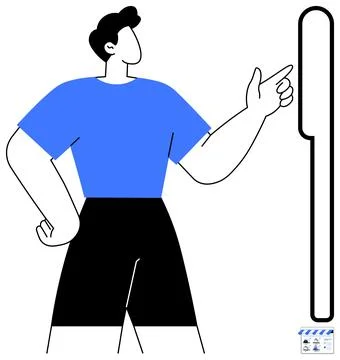 Person in Blue Shirt Pointing to a Rectangular Object with Hand on Hip Stock Illustration