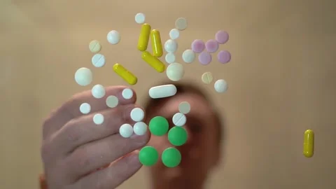 The person on the blurred background in slow motion throws the pills on a table Stock-Footage 130190319