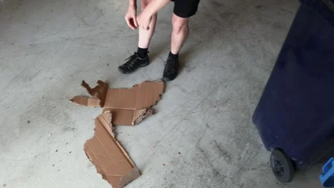 Person breaking down cardboard boxes and loading home recycling bin Stock Footage 345985184