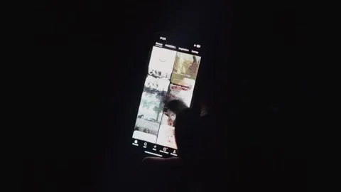 Person Browsing Mobile App Grid in Dark Environment Stock Footage 344438554