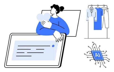 Person browsing tablet for clothes, sitting with heart icon. Garments on rack Stock Illustration