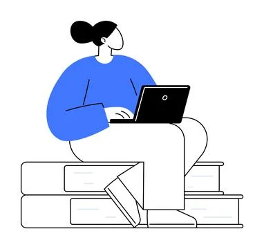 A person with a bun hairstyle sits on a stack of books using a laptop. Ideal  库存插图