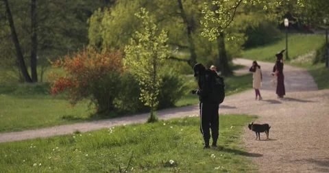 Person with camera standing on park path 스톡 동영상 332511612