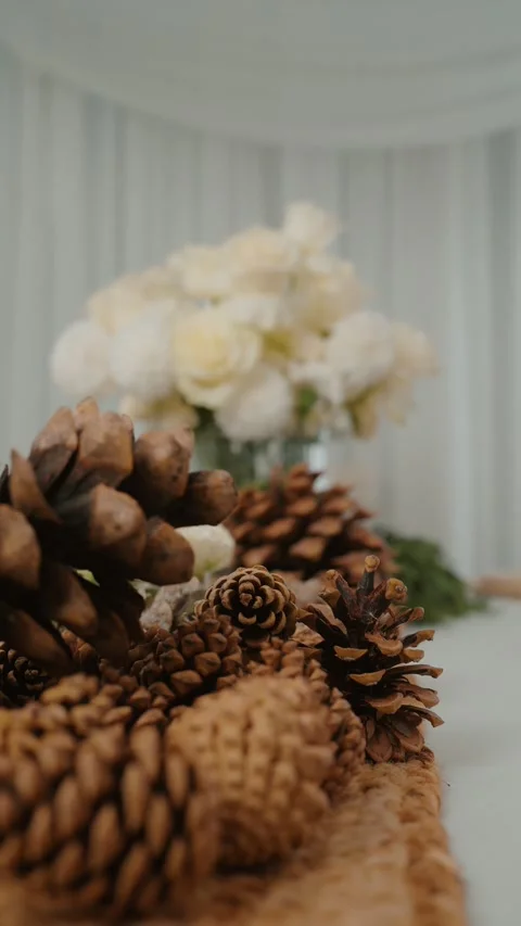 A person carefully arranges natural elements like pinecones on a table Video stock 296727504