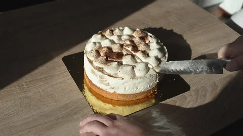 Person carefully cuts cake slice and moves it in bright sunlight on table. Stock Footage 334400047