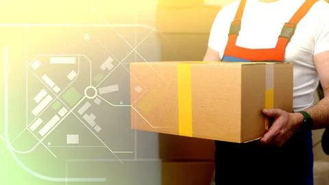 Person carries a box with logistics map in the background showing delivery Stock Photos