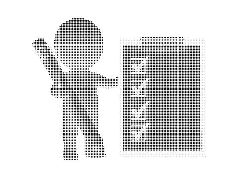 Person character holding a checklist with multiple check marks. Stock Illustration