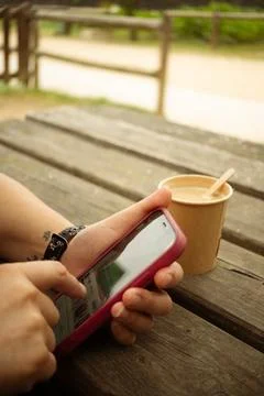 Person checking phone in park while drinking coffee. Stock Photos