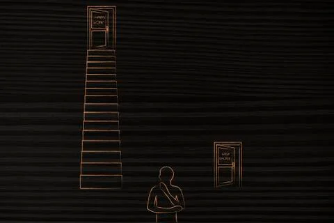 Person choosing between Hard work vs easy path with door up stairs metaphor Stockillustratie