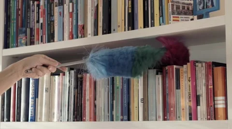 Person Cleaning a bookcase with duster Stock Footage 44829926