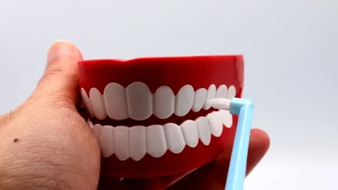 A person cleaning the gaps between their teeth with an interdental brush. Stock Footage 336276264