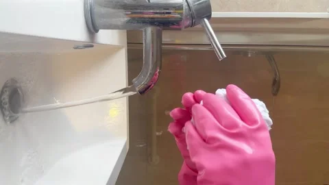 Person cleaning a surface while wearing pink gloves, ensuring hygiene Stock Footage 301107259