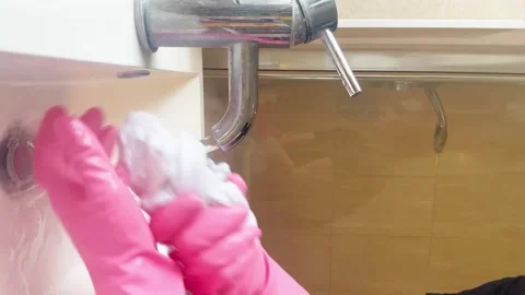 Person cleaning a surface while wearing pink gloves, ensuring hygiene Stock Footage 301107520