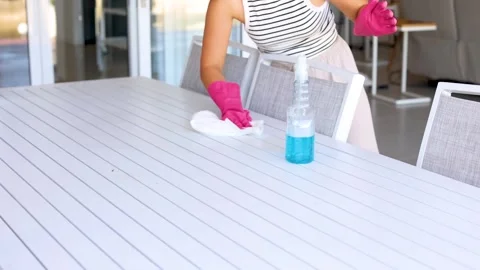 Person Cleaning Table with Spray and Cloth Stock Footage 312185890