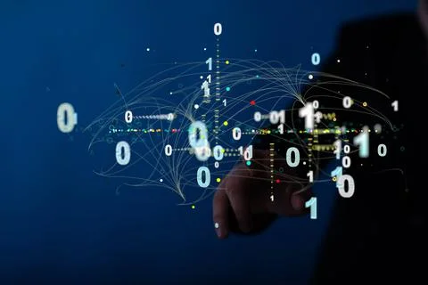 Person clicking on binary codes on a blue background 스톡 사진