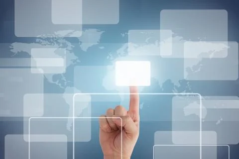 A person clicking on different rectangular shapes with the world map on a blu Stock Photos