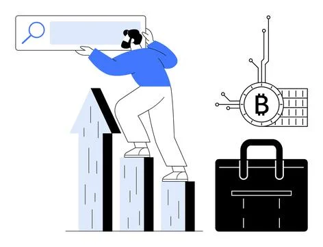 A person climbs a bar graph while holding a search bar with a Bitcoin symbol  Stock Illustration