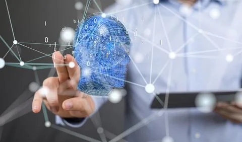 Person clocking on a tablet computer with network lines and dots Stock Photos